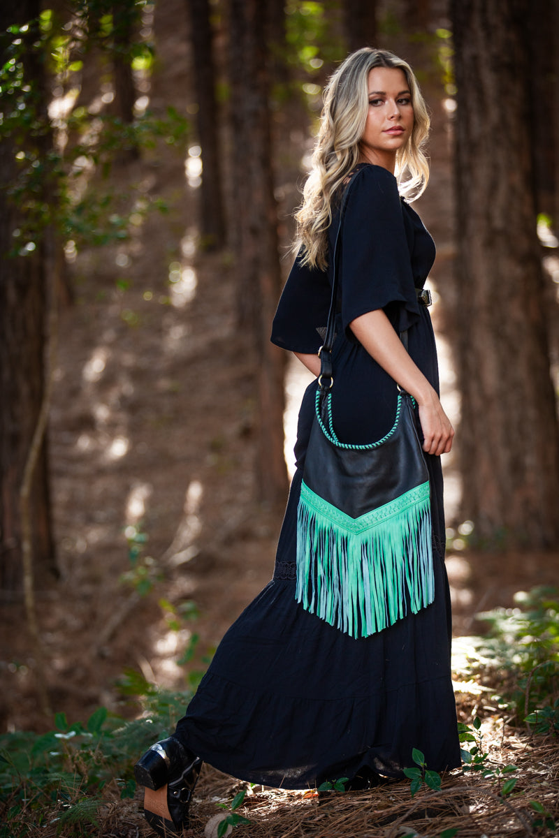 Boho Leather Bags with Tassels - Green and Black