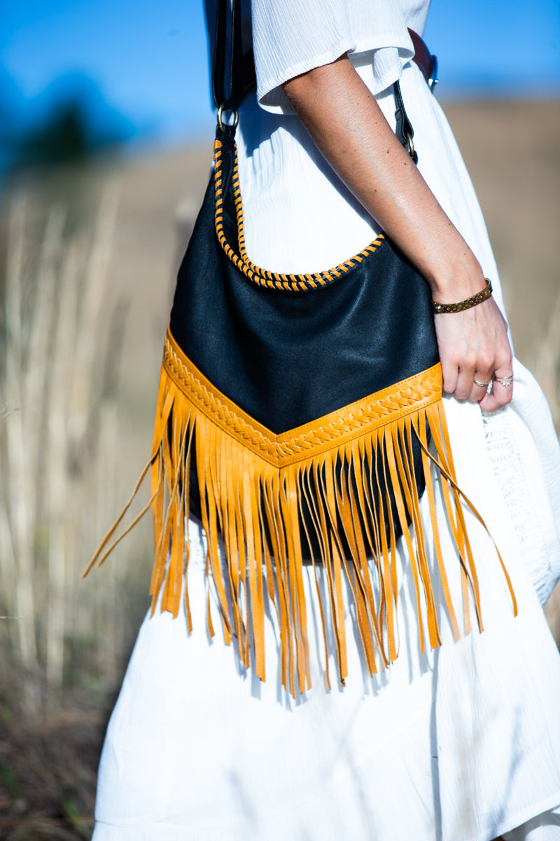 Boho Leather Bags with Tassels - Tan and Black