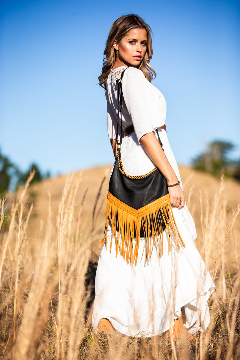 Boho Leather Bags with Tassels - Tan and Black