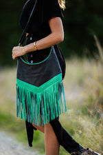 Boho Leather Bags with Tassels - Green and Black