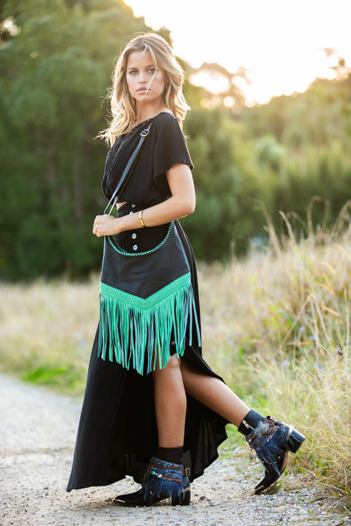 Boho Leather Bags with Tassels - Green and Black