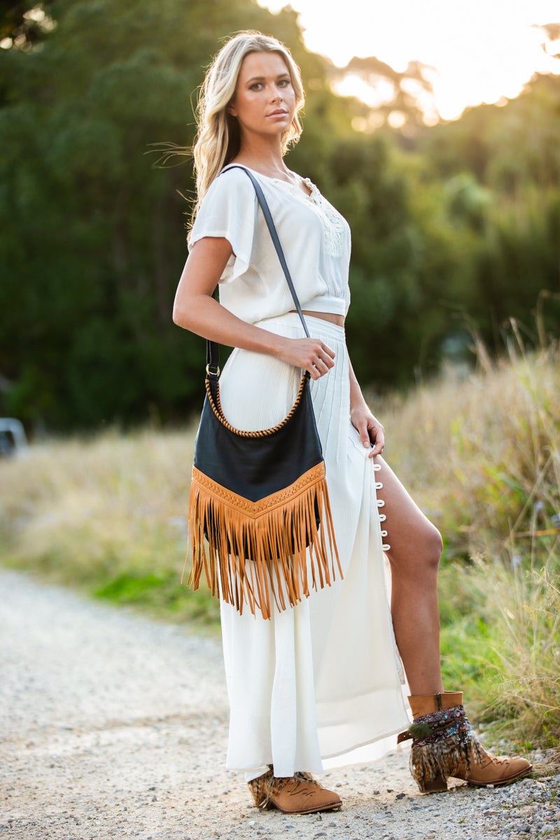 Boho Leather Bags with Tassels - Tan and Black