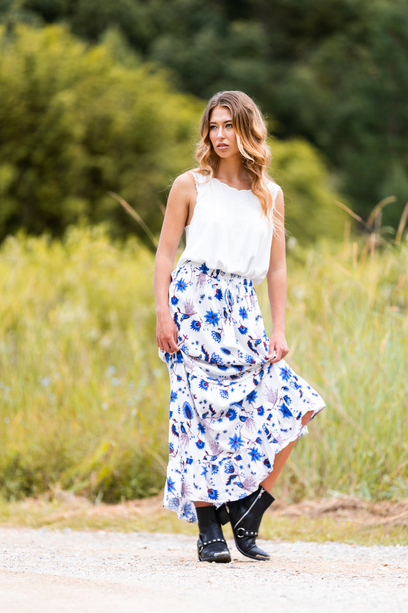 Floral print maxi skirt -blue