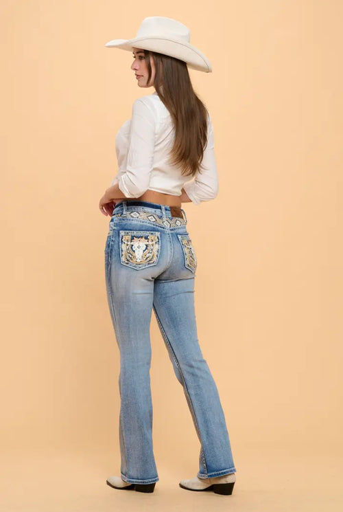 Western embroidered embellished stretch bootcut jeans