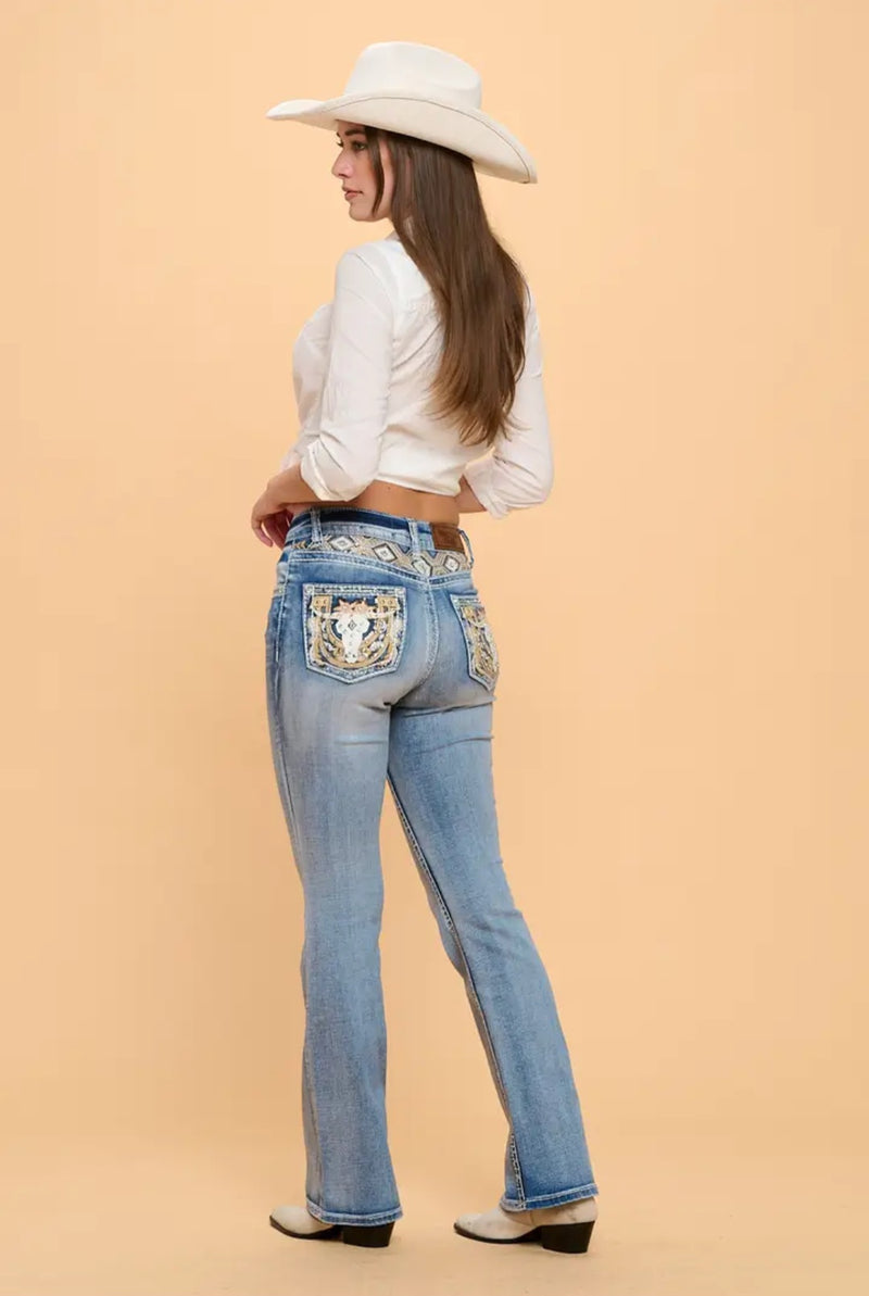 Western embroidered embellished stretch bootcut jeans