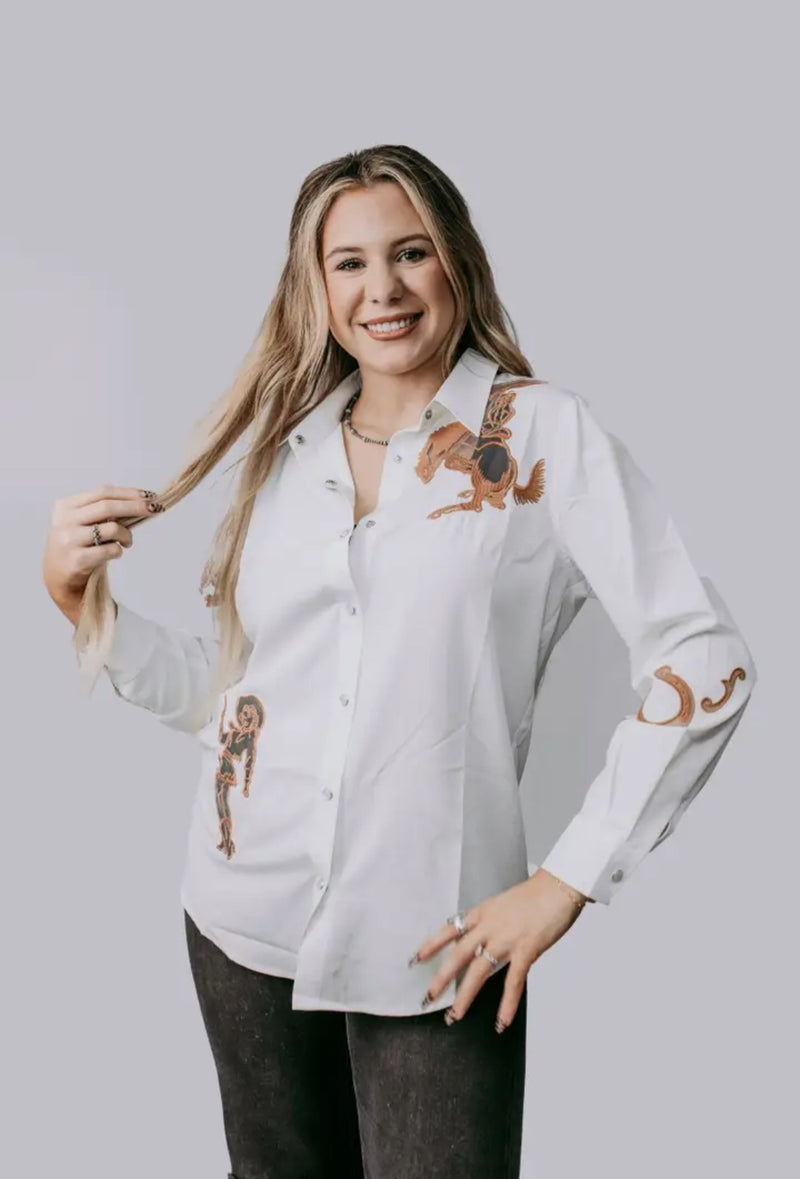Western cut out embroidery pearl snap button down shirt.