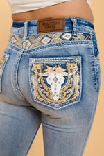 Western embroidered embellished stretch bootcut jeans