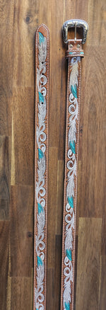 Aqua & white feather leather belt
