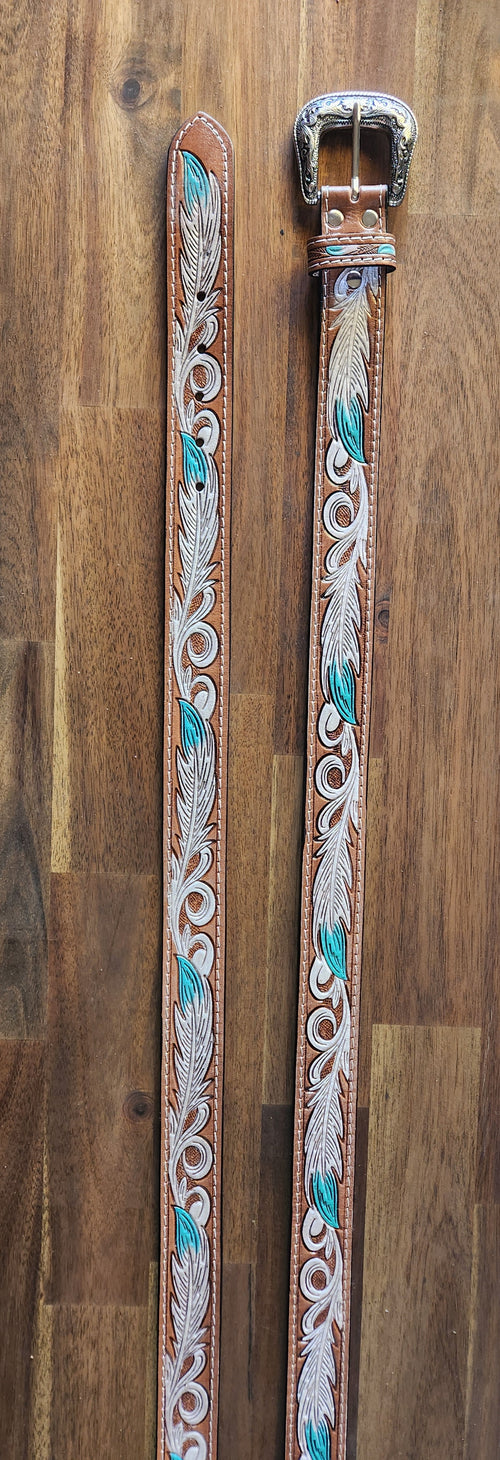 Aqua & white feather leather belt