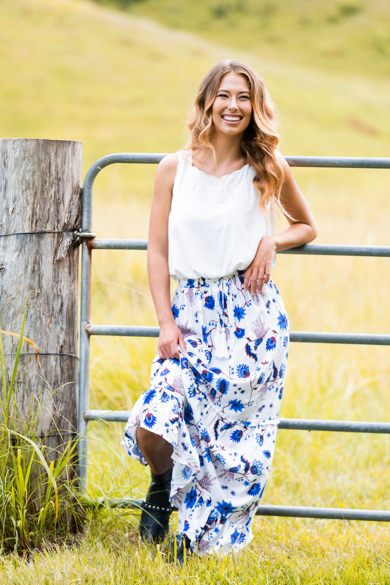 Floral print maxi skirt -blue