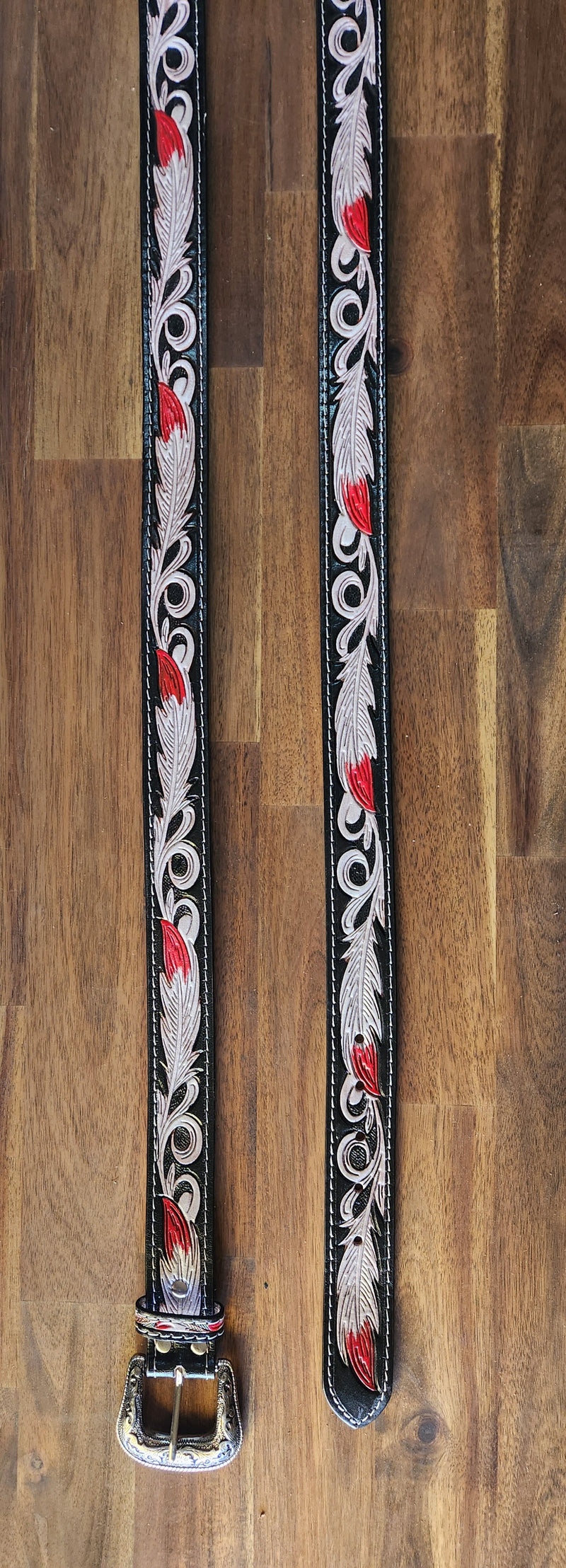 Red & white feather leather belt