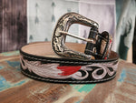 Red & white feather leather belt