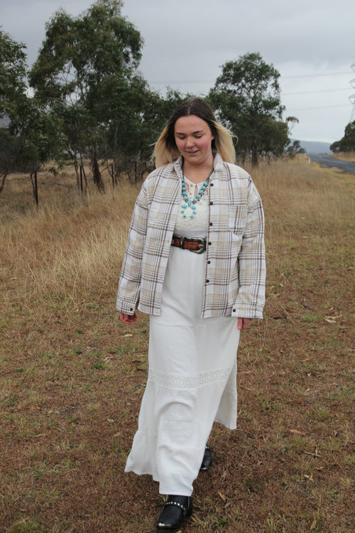 Lined plaid shacket - beige