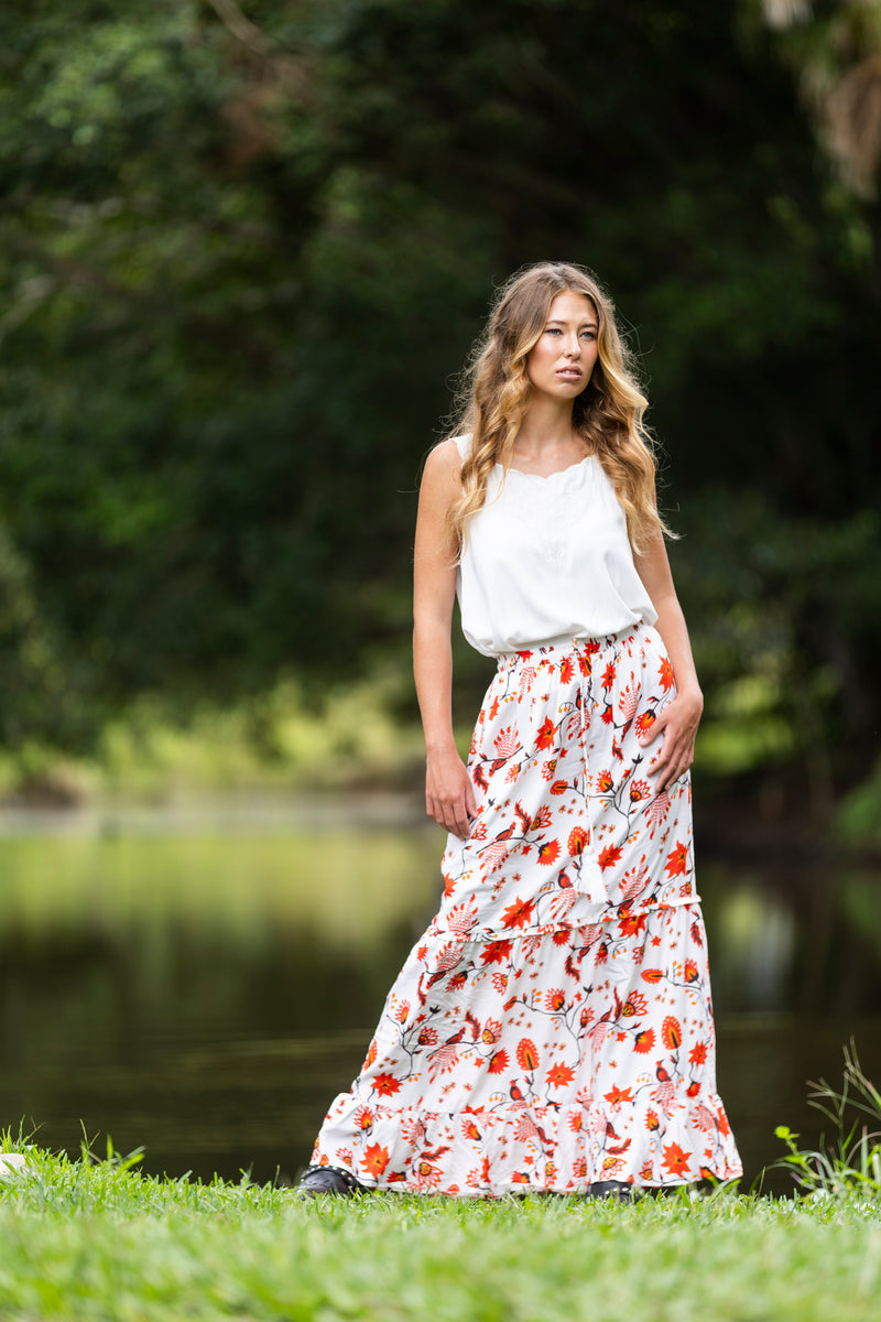 Floral print maxi skirt -red