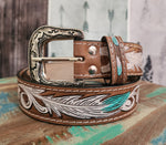 Aqua & white feather leather belt