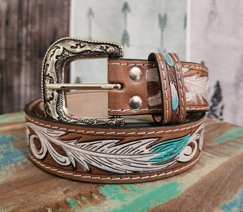 Aqua & white feather leather belt